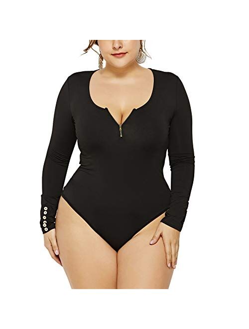 IyMoo Women's Sexy Plus Size Long Sleeve Jumpsuit High Stretch Bodysuit Rompers Playsuit Bodycon Leotards
