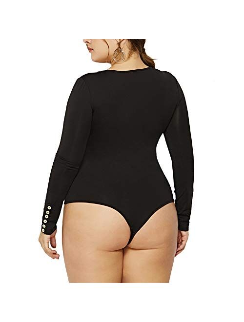 IyMoo Women's Sexy Plus Size Long Sleeve Jumpsuit High Stretch Bodysuit Rompers Playsuit Bodycon Leotards
