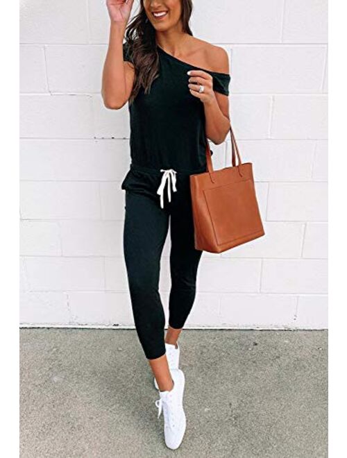 Women One Off Shoulder Jumpsuits Short Sleeve Casual Skinny Long Pants Rompers with Pockets