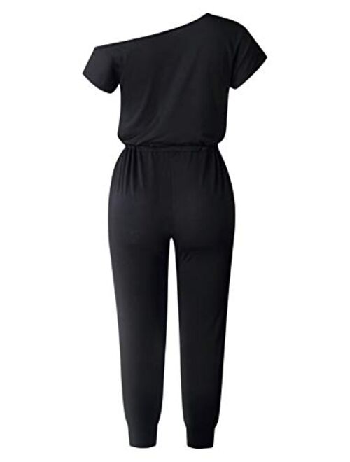 Women One Off Shoulder Jumpsuits Short Sleeve Casual Skinny Long Pants Rompers with Pockets