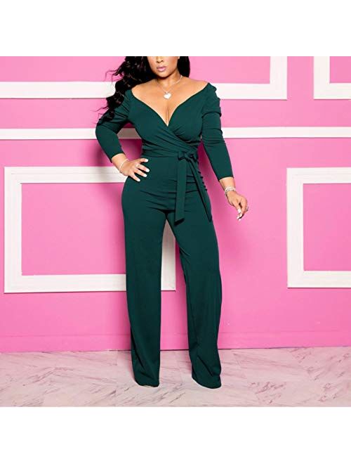 IyMoo Women's Sexy Wrap Top Wide Leg Long Sleeve Cocktail V Neck Jumpsuit