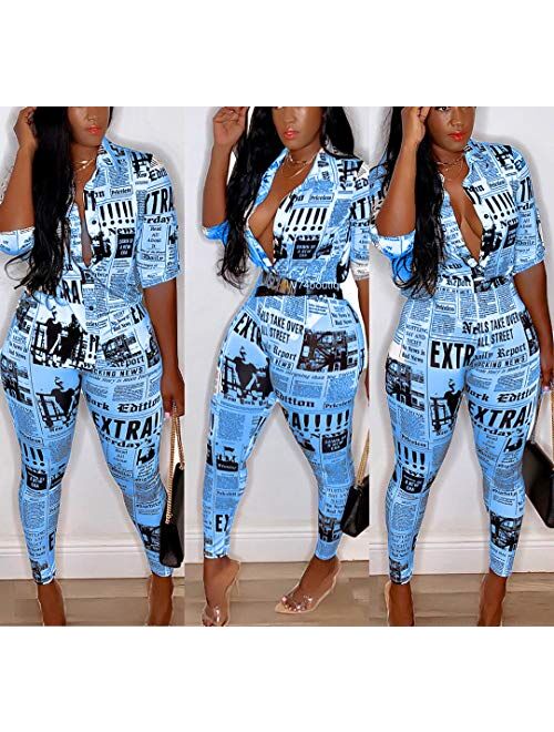 IyMoo Sexy Two Piece Outfits for Women Party Night Summer Newspaper Print Shirt Bodycon Long Pants Tracksuit Outfits