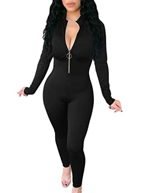 TOB Women's Soft Long Sleeves Zip Up One Piece Bodycon Jumpsuits Playsuits 