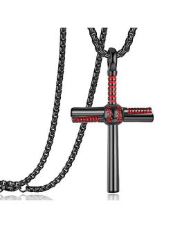 Rehoboth Baseball Bat Cross Pendant Necklace for Boy Men Women with 22"+2" Adjustable Stainless Steel Chain Black Gold Silver