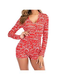 Mylleure Women Christmas Long Sleeve Short Jumpsuit Button Down V Neck One Piece Bodysuit Halloween Romper Pajama Party