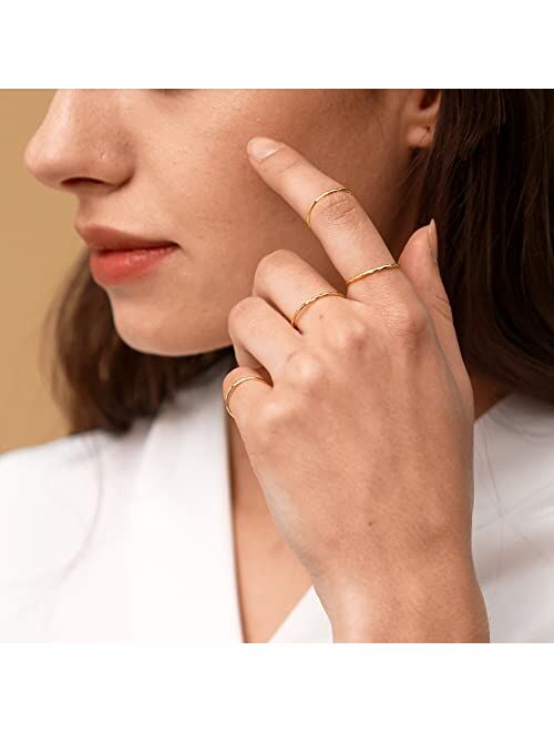 Me&Hz 14K Gold Plated 1.2mm Skinny Thin Hammered Stacking Ring Knuckle Midi Plain Band Trio Ring Set/Single in Gold Silver Rose-Gold Tone Minimalist Jewelry for Women Gir