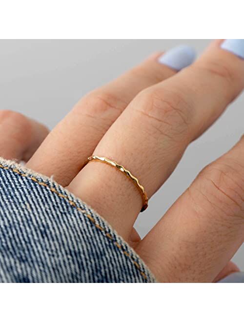Me&Hz 14K Gold Plated 1.2mm Skinny Thin Hammered Stacking Ring Knuckle Midi Plain Band Trio Ring Set/Single in Gold Silver Rose-Gold Tone Minimalist Jewelry for Women Gir