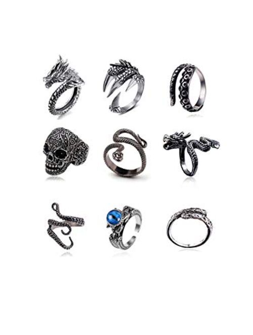 BYONDEVER Vintage Punk Silver Black Chinese Dragon Snake Dragon Claw Skull Rings Jewelry Gothic Alloy Open Adjustable