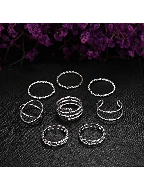 FINETOO 8 PCS Simple Knuckle Midi Ring Set Vintage Plated Gold/Silver for Women/Girl Finger Stackable Rings Set Jewelry Gifts (Silver)