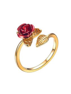 U7 Cute Ring for Women Teen Girls|3D Vivid Rose Flower End Wrap Ring Platinum Plated Adjustable Stacking Ring, Platinum Gold Rose Gold Color