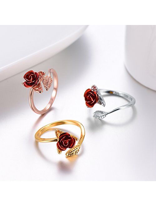 U7 Cute Ring for Women Teen Girls|3D Vivid Rose Flower End Wrap Ring Platinum Plated Adjustable Stacking Ring, Platinum Gold Rose Gold Color