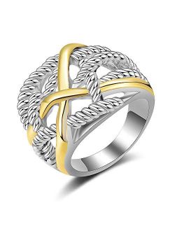 dnswez 2 Tone Intertwined Crossover Statement Ring, Fashion Chunky Gold Plated Vintage 925 Sterling Silver Rings for Women Men, Wide Index Finger Rings Costume Jewelry