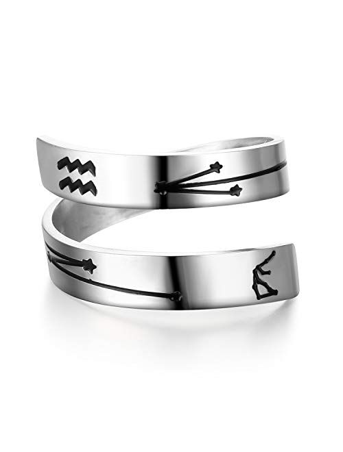 YOYO&YOKI Silver Zodiac Ring Stainless Steel Engraving Size Adjustable Constellation Birthday Ring Gift for Women Teens Girls