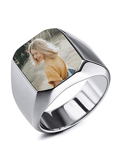 INBLUE Personalized Signet Ring Engraving Color Picture/Black Picture/Blank Custom Photo for Men Boys Women Girls Memorial Stainless Steel Jewelry Bundle with Ring Size A