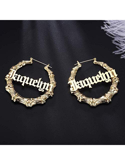 DHQH Custom Name Earrings Personalized Bamboo Hoop Earrings 18K Gold Plated Customize Earrings for Women Girls Hip-Hop Fashion Jewelry Gift