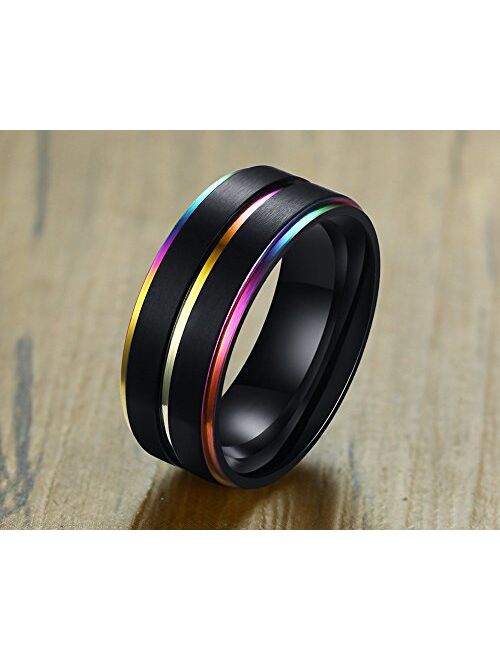 XUANPAI 8mm Custom Engraved Stainless Steel Two-Tone Rainbow Inlay Edge Dome Brushed Promise Couples Rings