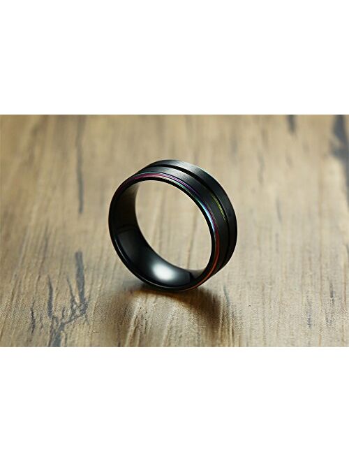 XUANPAI 8mm Custom Engraved Stainless Steel Two-Tone Rainbow Inlay Edge Dome Brushed Promise Couples Rings