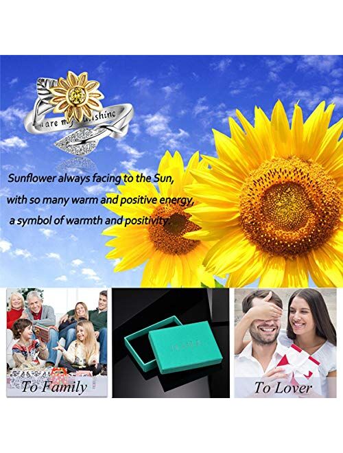 AILAAILA You are My Sunshine Sunflower Ring Stainless Steel Adjustable Cubic Zirconia Jewelry Size 5-10