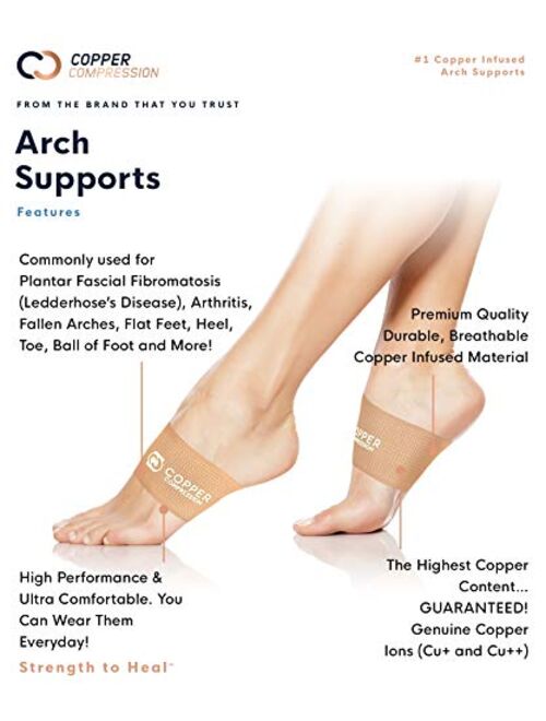 Copper Compression Copper Arch Supports - 2 Plantar Fasciitis Brace Sleeves. Guaranteed Highest Copper Content Support Sleeve. Braces for Foot Care, Heel Spurs, Feet Pain