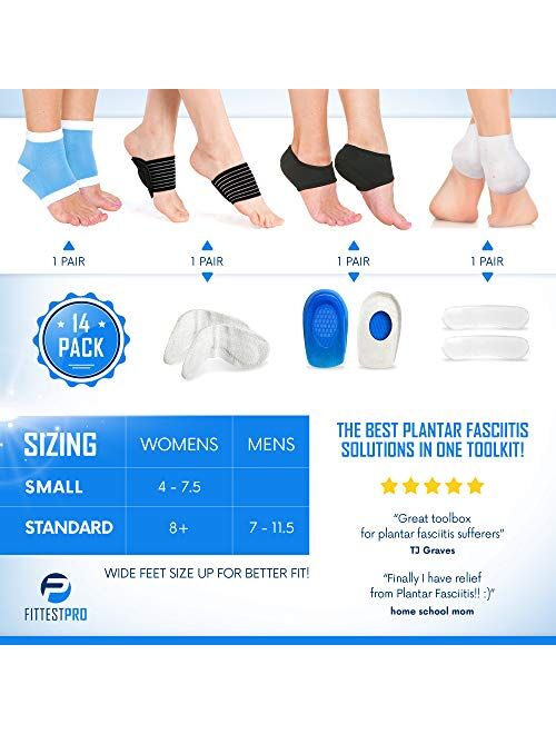 Plantar Fasciitis Foot Pain Relief 14-Piece Kit – Premium Planter Fasciitis Support, Gel Heel Spur & Therapy Wraps, Compression Socks, Foot Sleeves, Arch Supports, Heel C