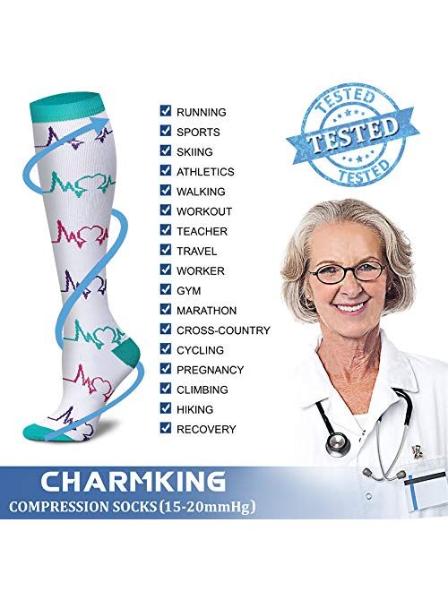 CHARMKING Compression Socks for Women & Men Circulation 8 Pairs 15-20 mmHg is Best Support for Athletic Running Cycling
