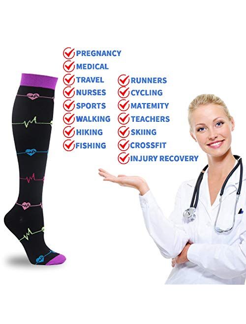 5 Pairs Compression Socks for Women Men 20-30mmhg Knee High Stocking for Sports