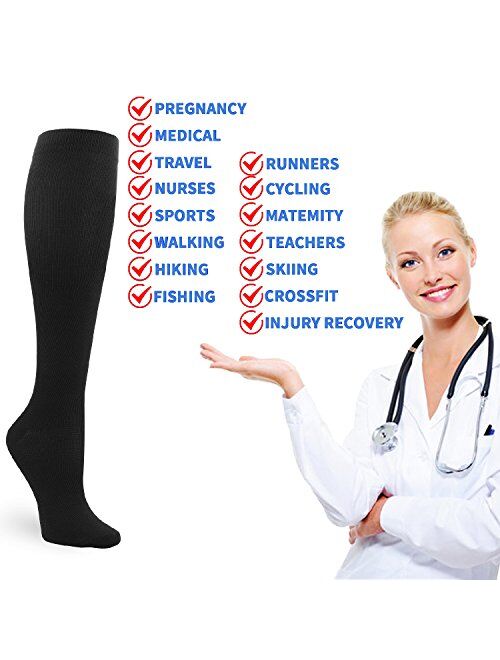 6 Pairs Compression Socks for Men and Women 20-30 mmHg Nursing Athletic Travel Flight Socks Shin Splints Knee High