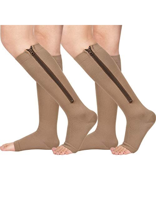 2 Pair Zipper Compression Socks for Women Men Open Toe Compression Socks Easy on