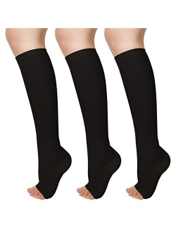 3 Pairs Open Toe Compression Socks Women Knee High Toeless 15-25 mmHg (L/XL)