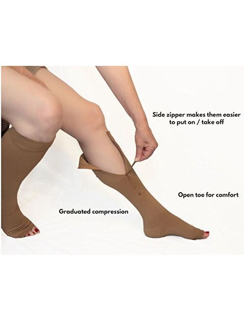 Compression Socks Zipper 20-30mmHg Knee-high, Open Toe(Pack of 1 Pair) X-Large