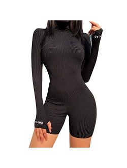 MEALIYA Women Outfit Embroidery Jumpsuits Zipper High Neck Bodycon Jumpsuit Romper Casual Shorts