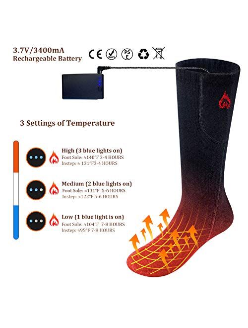 2020 Upgraded Electric Heated Socks,2 Pieces Heating Element 3400mAh Battery Rechargeable Heat Socks for Men Women,3 Heating Temperature Settings for Cold Winter,Hunting 