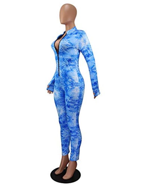 Luckinbaby Womens One Piece Bodycon Jumpsuit Sexy High Neck Zipper Romper Long Sleeve Long Pants Party Clubwear Outfits
