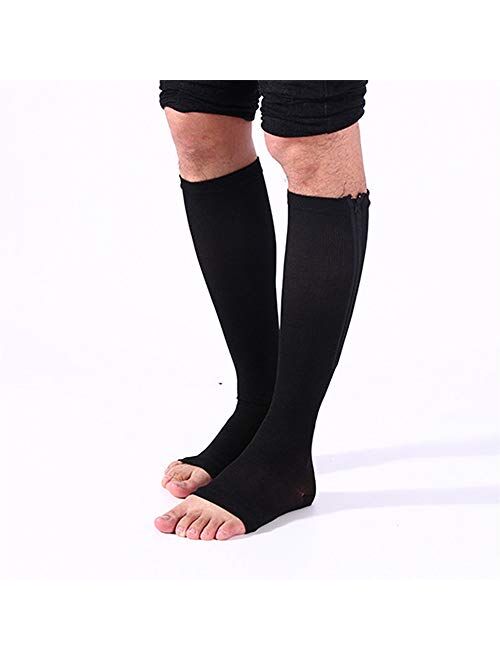 2PC Zipper Medical Compression Socks with Open Toe - Best Support Zip Stocking for Varicose Veins, Swollen or Sore Legs