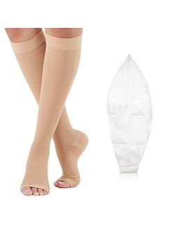 Compression Socks Open Toe 20-30 mmHg for Women Men Compression Stockings for Varicose Veins, Edema & Post Surgical with Free Auxiliary Wear Socks Sleeve S