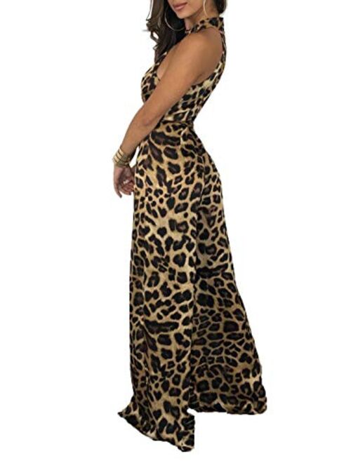 Women Sexy Halter Leopard Print Jumpsuit Split Wide Leg Long Rompers Clubwear