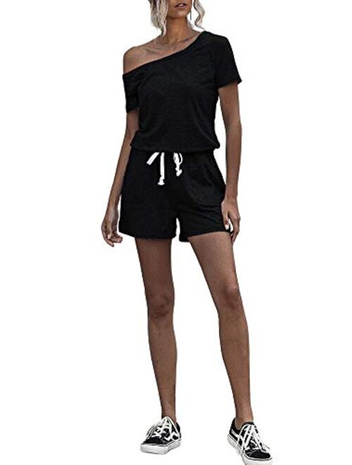 REORIA Womens Summer Off Shoulder Short Sleeve Casual Loose Short Jumpsuit Rompers