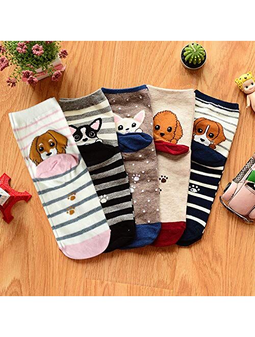 5 Pairs Womens Cute Animal Socks Dog Cat Fun Cotton Casual Crew Funny Socks
