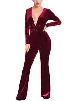 VamJump Women's Sexy Deep V-Neck Velvet Jumpsuits Loose Pants One Piece Tracksuit Long Sleeve Girls Club Outfits