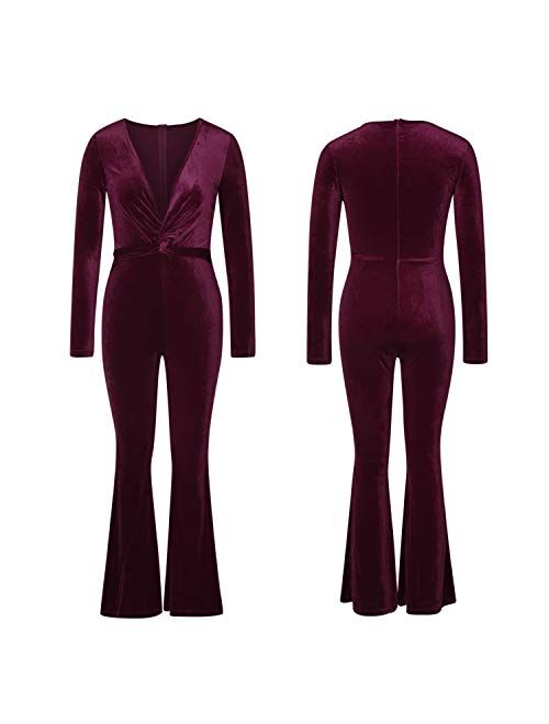 VamJump Women's Sexy Deep V-Neck Velvet Jumpsuits Loose Pants One Piece Tracksuit Long Sleeve Girls Club Outfits