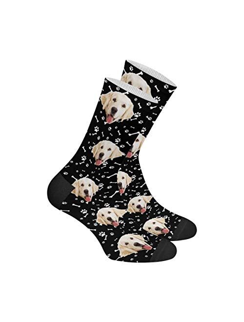 Custom Your Photo Face On Socks, Personalized Funny Crew Sock Gifts Dog Paw and Bone Pup Lover