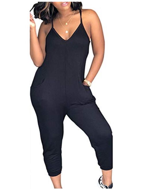 ECDAHICC Women's Cute Spaghetti Strap Solid Capri Jumpsuits One Piece V Neck Jumpsuit Rompers with Pocket Club