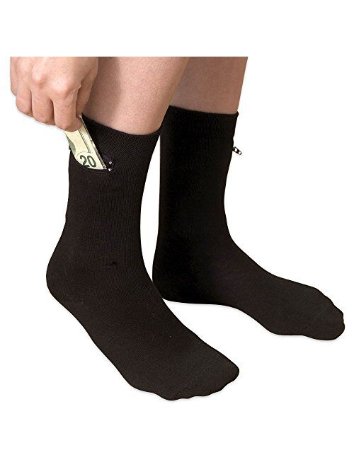 Black Dress Socks With Hidden Zipper Pocket-Cotton/Spandex Fits Men Sizes 7-12 2-pairs