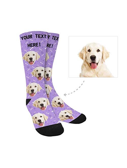 Custom Face Socks for Men and Women, Paws and Dog Bones Pink Animal Face Socks with Your Text