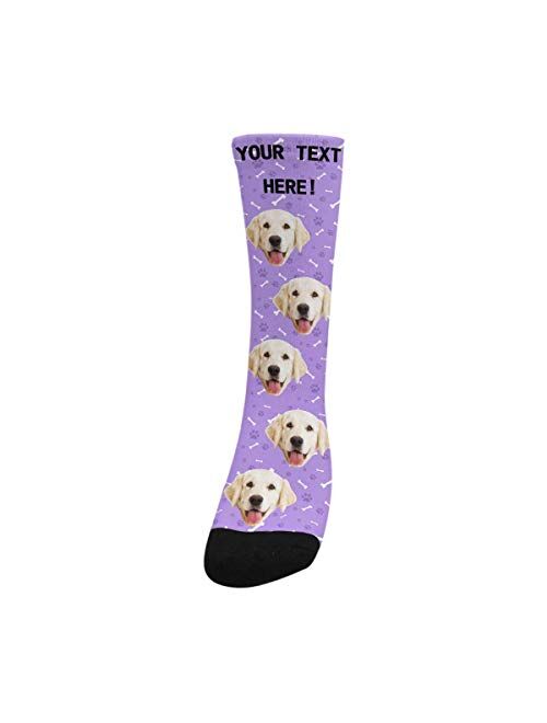 Custom Face Socks for Men and Women, Paws and Dog Bones Pink Animal Face Socks with Your Text
