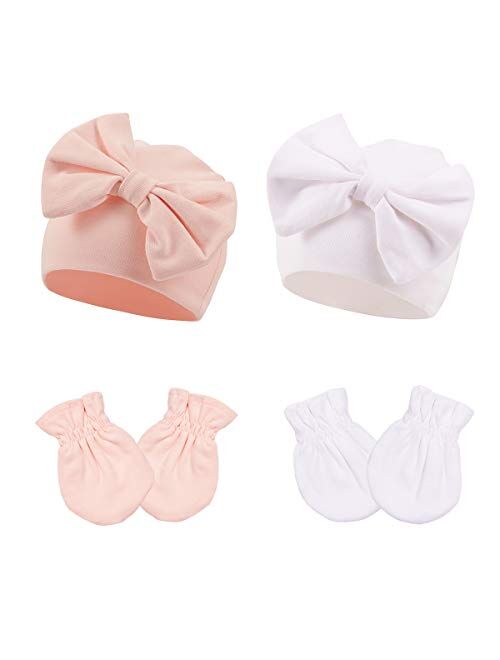 Newborn Beanie Hat Gloves Set, Baby Girl Beanie Spring Summer Autumn Winter Hats for 0-6 Months Infant Cotton