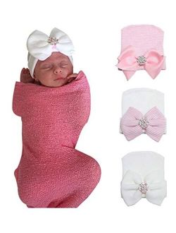 Gellwhu Pink White Blue Newborn Girl Nursery Beanie Hospital Hat with Large Bow