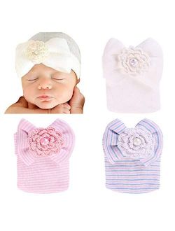 DRESHOW BQUBO 3/4 Pack Newborn Hospital Hat Infant Baby Hat Cap with Big Bow Soft Cute Knot Nursery Beanie