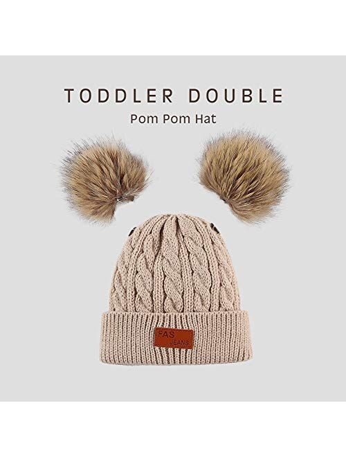 Infant Toddler Woolen Hat Pure Color Winter Twist Double Pom Pom Knitted Beanies Cap 0-3Y