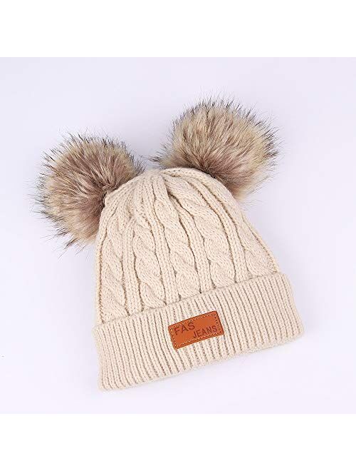 Infant Toddler Woolen Hat Pure Color Winter Twist Double Pom Pom Knitted Beanies Cap 0-3Y